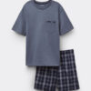 Kort pyjamas i denimstof med ternet print og bomuld Kort pyjamas i denimstof med ternet print og bomuld