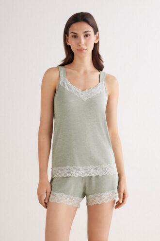 Kort pyjamas med blondekant i modal