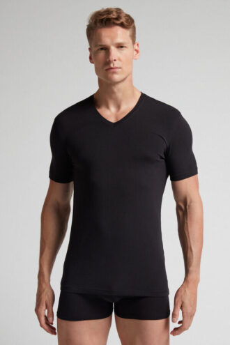Stretch Superior bomulds-T-shirt med V-hals