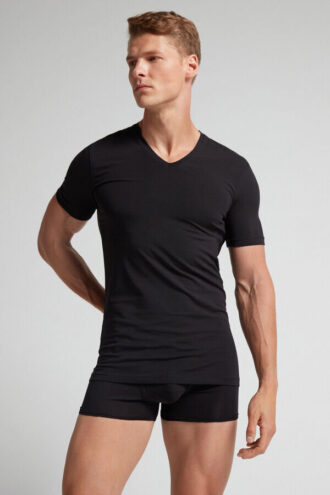 Stretch Superior bomulds-T-shirt med V-hals